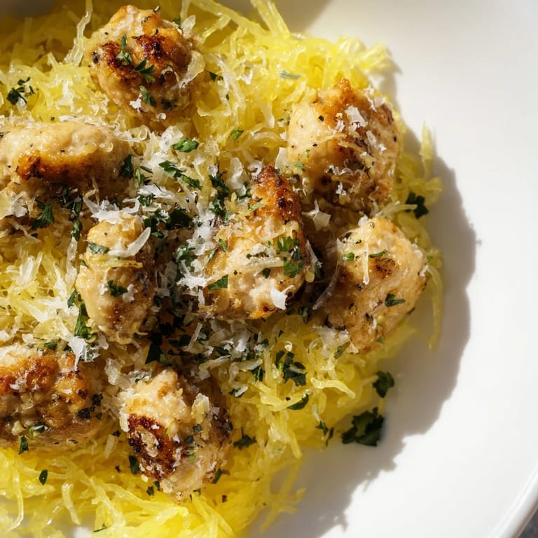 A close-up of Lemon Garlic Chicken Spaghetti Squash, showing juicy chicken pieces nestled in fluffy squash noodles with a bright lemon wedge.