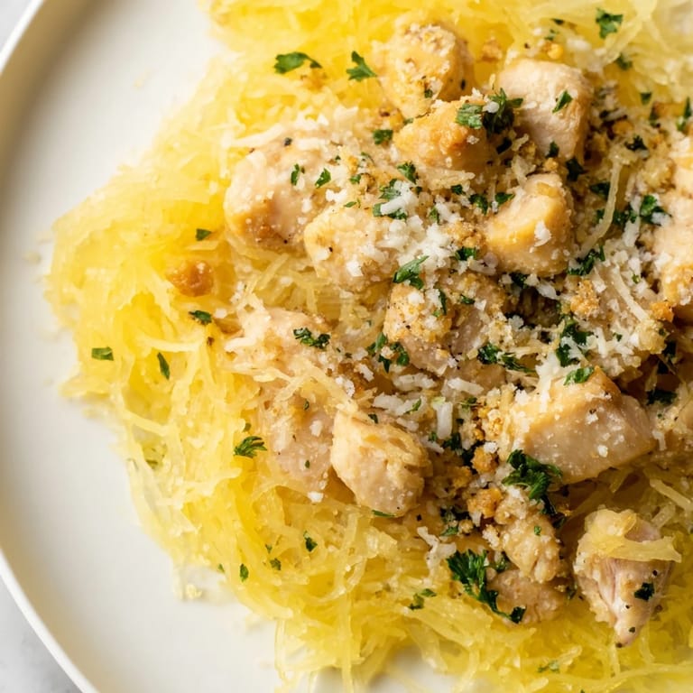 Lemon Garlic Chicken Spaghetti Squash served on a white plate, garnished with parsley and a side of extra Parmesan for a gluten-free meal.