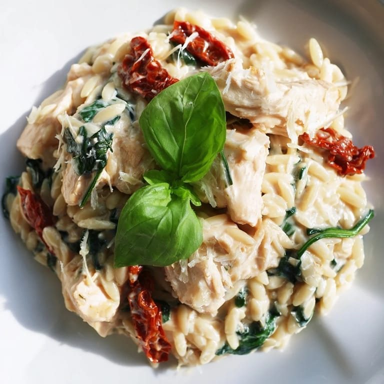 One-pan Tuscan Chicken Orzo steaming with garlic cream sauce, served with a sprinkle of Parmesan.