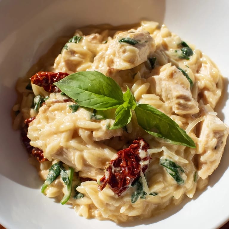 Golden chicken nestled in cheesy orzo, garnished with fresh basil for a vibrant Italian dinner.