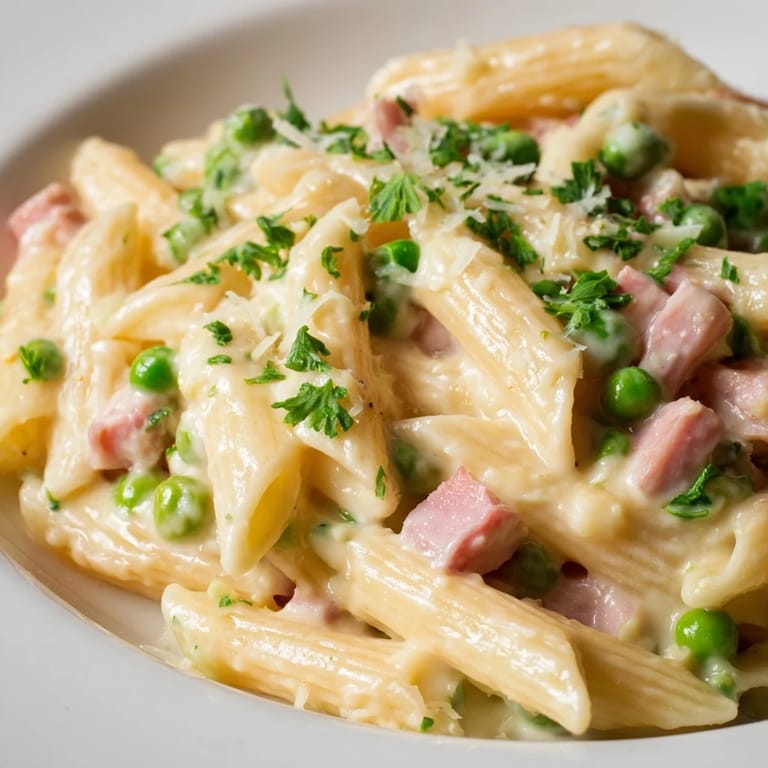 A comforting bowl of Spring Pea & Ham Pasta with bright peas and tender ham, ready for a quick March meal.