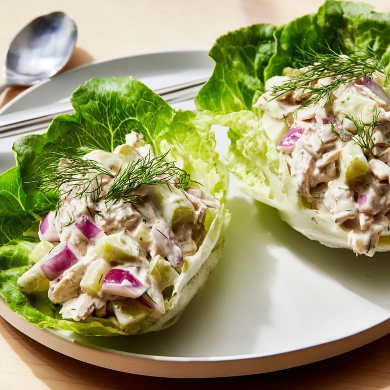 A close-up reveals the chunky texture of Dill Pickle Chicken Salad nestled inside vibrant green butter lettuce leaves.
