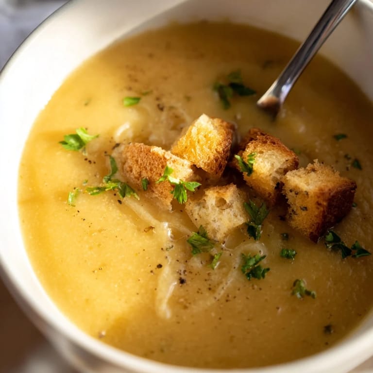 Hearty roasted garlic soup in a pot, ready to be ladled into bowls, with roasted garlic cloves nearby and a sprig of thyme.