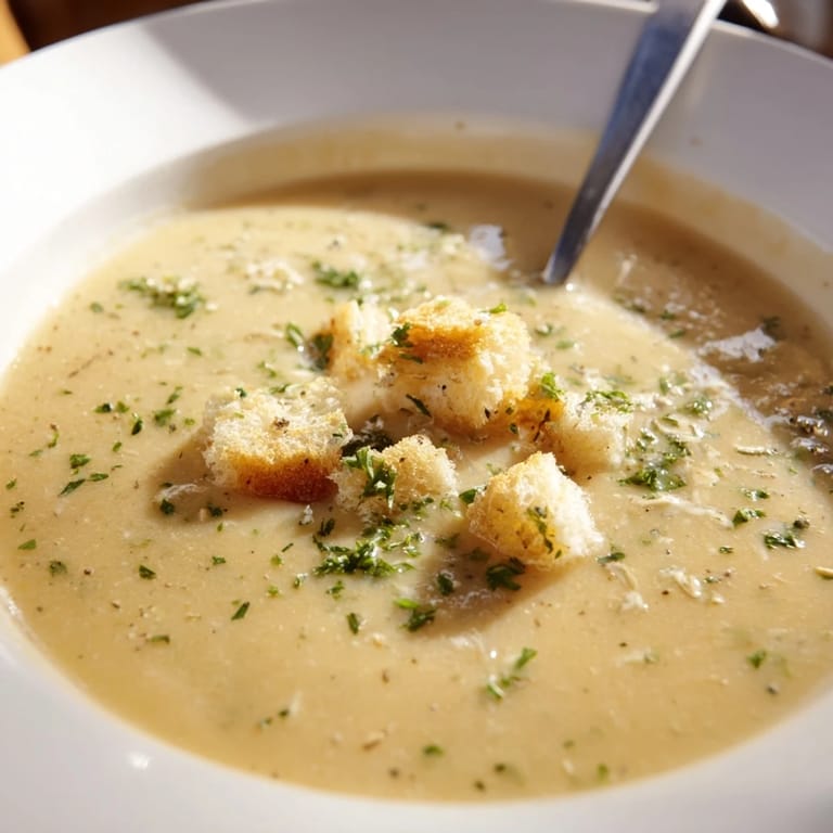 Roasted garlic soup served in a rustic ceramic bowl, featuring a velvety texture and a golden hue topped with chopped parsley.