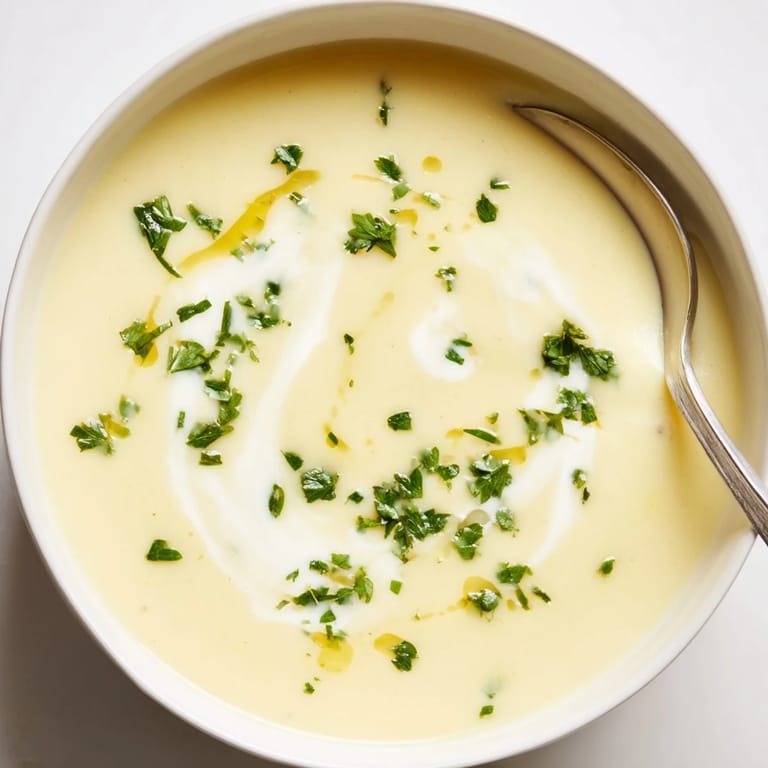 A velvety parsnip and herb soup garnished with parsley and a drizzle of cream.  