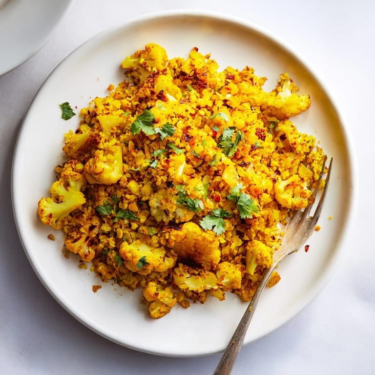 Close-up of a white bowl filled with turmeric cauliflower rice, garnished with parsley and a sprinkle of chili flakes.