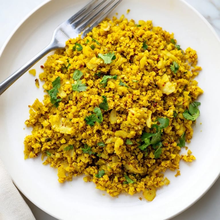 Vibrant yellow cauliflower rice dish served alongside grilled chicken, highlighting its fluffy texture and anti-inflammatory spices.