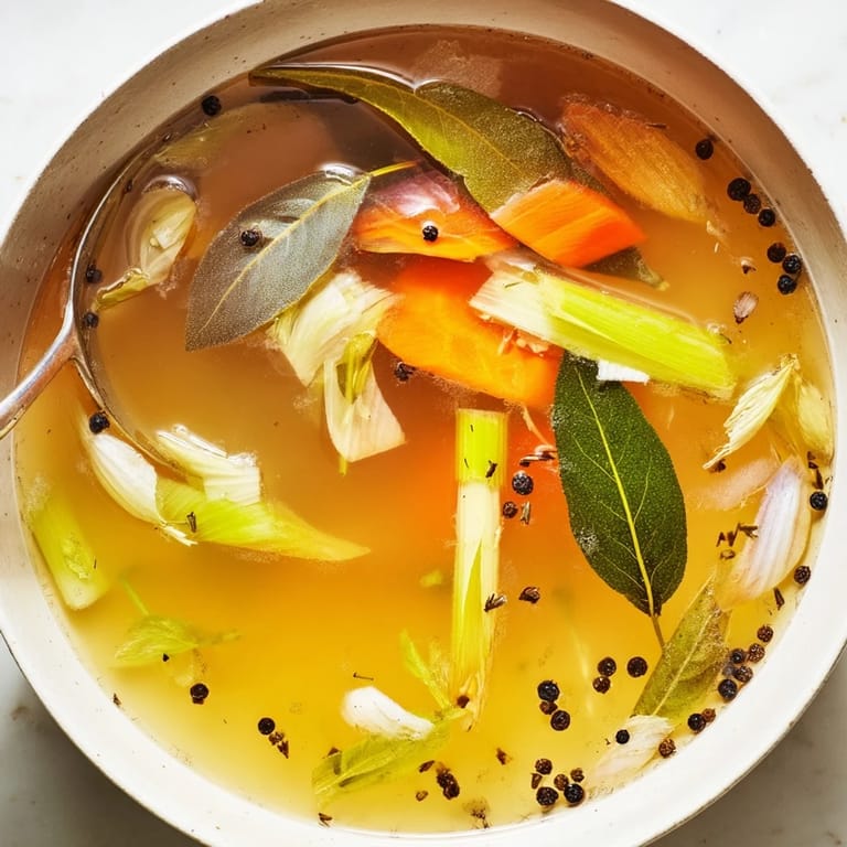 A glass jar filled with Vegetable Broth From Scraps, garnished with fresh parsley, sits on a rustic wooden table.