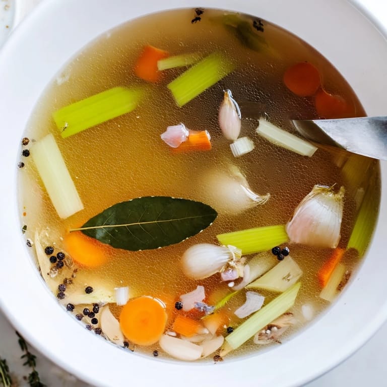 Steam rises from a bowl of Vegetable Broth From Scraps, with a crusty bread slice for dipping nearby.