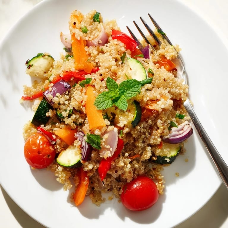 Hearty quinoa vegetable pilaf with tender roasted vegetables and aromatic spices, perfect as a healthy side or vegetarian main.