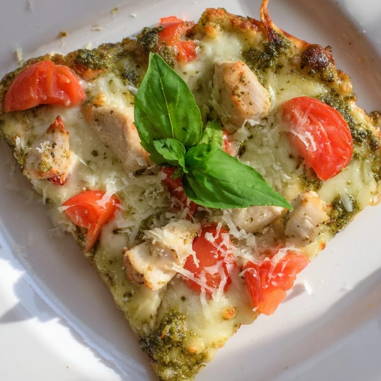 Sizzling homemade chicken pesto pizza with a golden, crispy crust, garnished with fresh basil and Parmesan, ready to slice and serve.