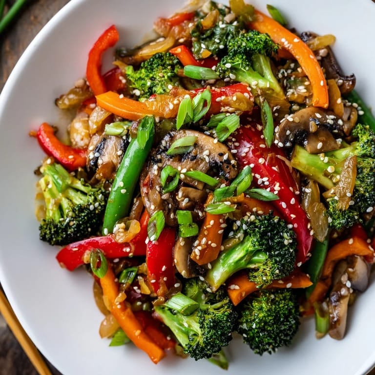 Colorful bowl of homemade Ginger Stir-Fried Vegetables, a quick and healthy vegan meal packed with mushrooms, bell peppers, and savory aromatics.