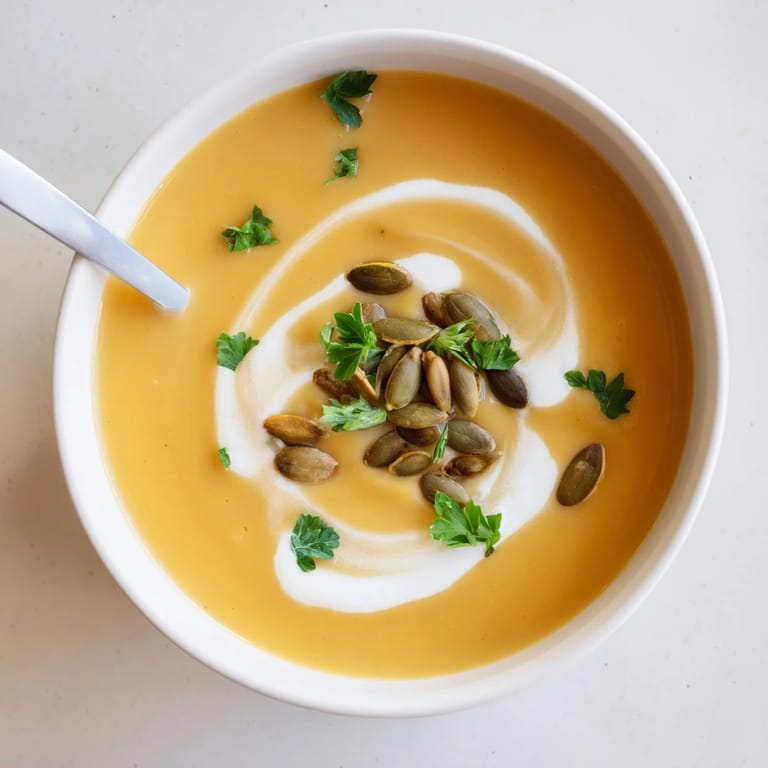 Golden-hued Butternut Squash and Apple Soup with a velvety texture, paired with crusty bread on the side.
