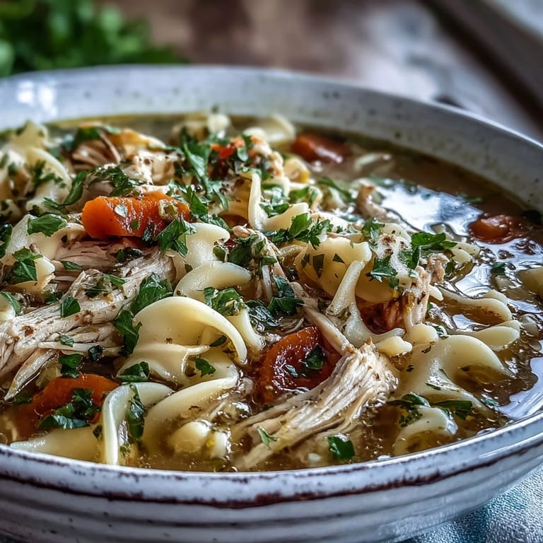 Freshly prepared Instant Pot Chicken Noodle Soup served in a rustic bowl, garnished with chopped parsley and black pepper.