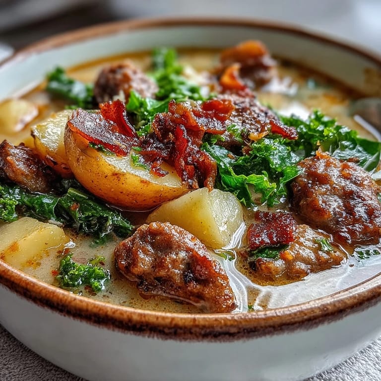 Italian Sausage Soup in a white bowl with kale and potatoes, ready to serve with crusty bread.