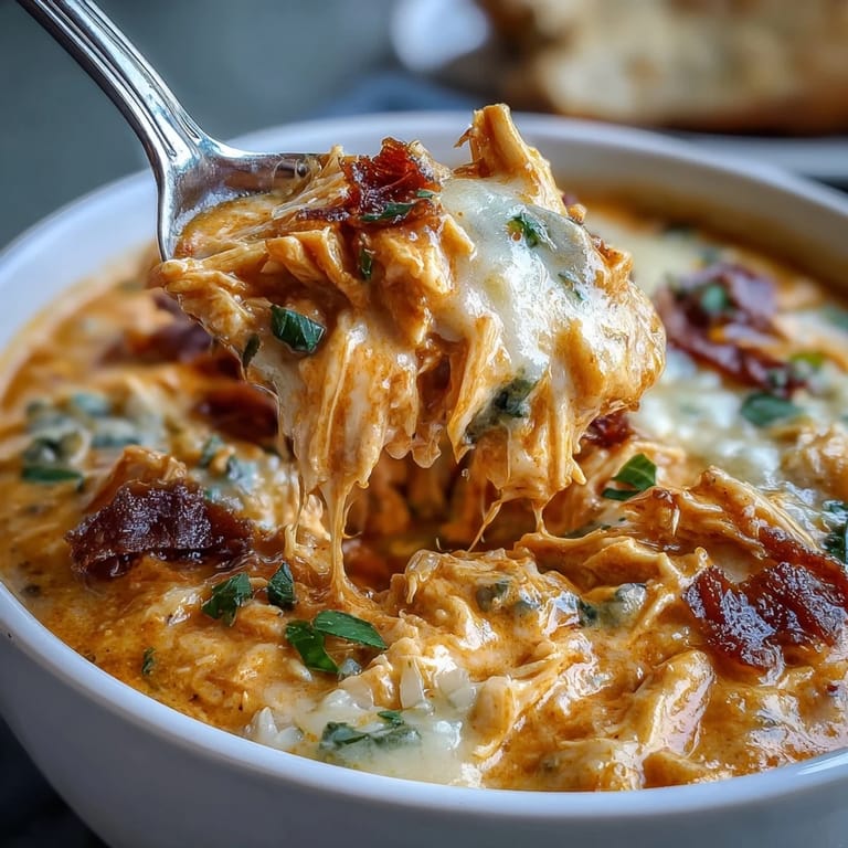 A ladle serving creamy Crock Pot Buffalo Chicken Dip Soup, with shredded chicken and a side of celery sticks.