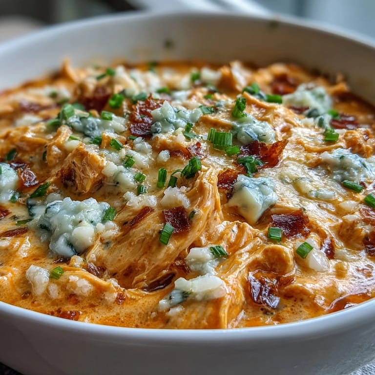 Close-up of Crock Pot Buffalo Chicken Dip Soup, featuring tender chicken and crumbled blue cheese garnish.