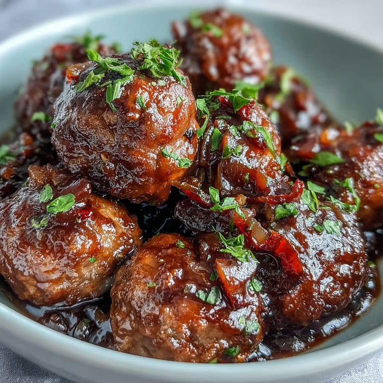 Savory Slow Cooker Peach Glazed Meatballs plated over steamed white rice with chopped green onions, showing a sweet and sticky glaze.