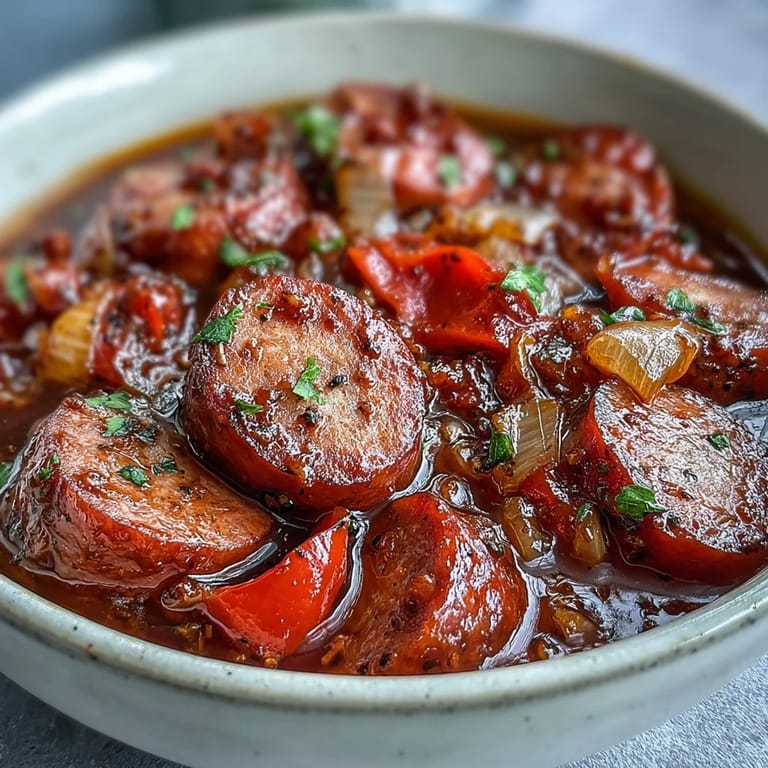 Hearty bowl of Crock Pot BBQ Cocktail Sausage Soup topped with fresh parsley, served alongside crusty bread for dipping.