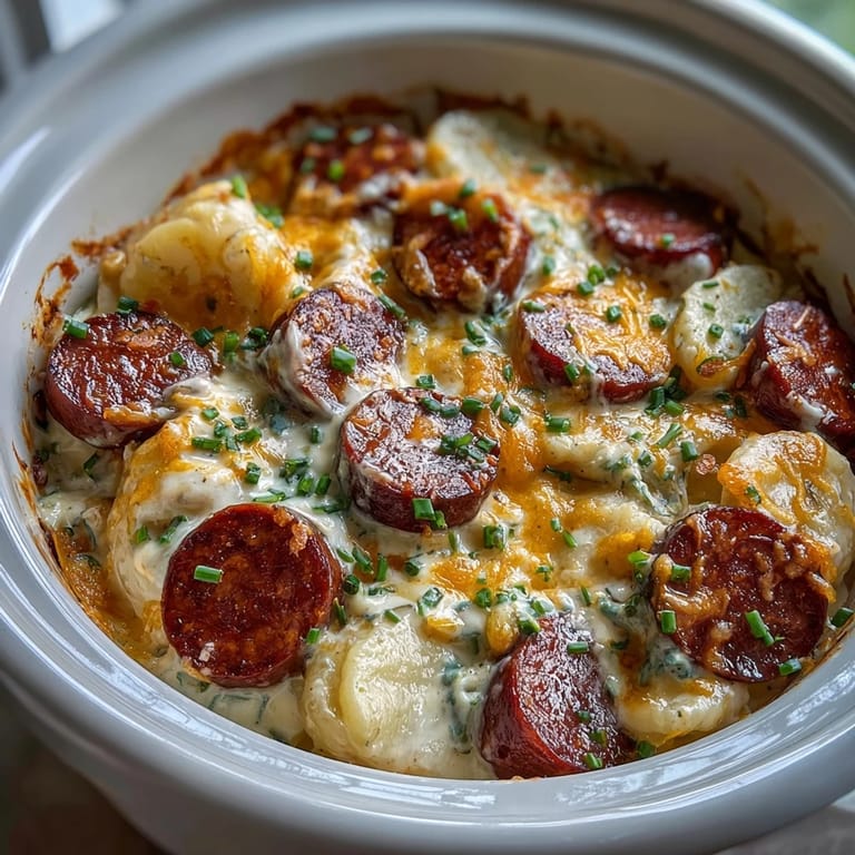 Crockpot Pierogi Casserole With Kielbasa layers pillowy dumplings, smoky sausage, and creamy cheddar sauce in a dish.