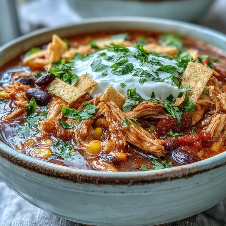 Spoon lifting tender chicken and broth from Instant Pot Chicken Tortilla Soup with vibrant red peppers and cilantro.