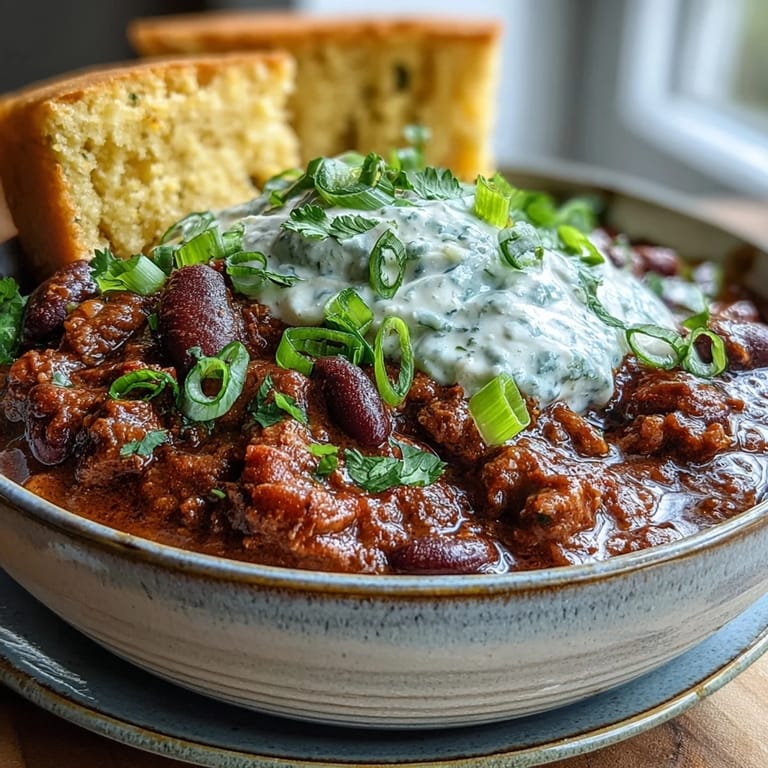 Hearty Slow Cooker Chili with rich tomato broth and beans, topped with shredded cheese and green onions. 