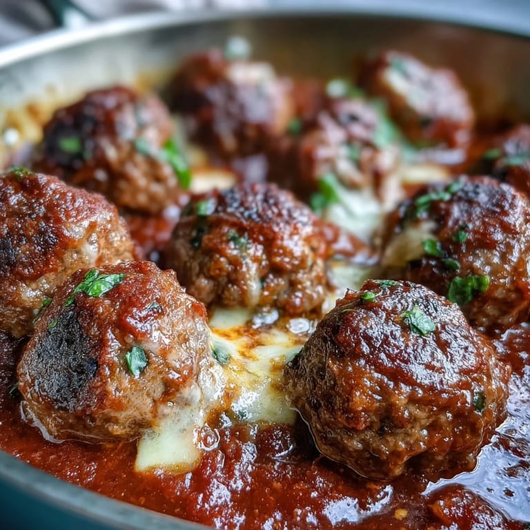 Close-up of golden-baked Cheesy, Garlicky Meatballs With Marinara in a cast-iron pan, steaming.