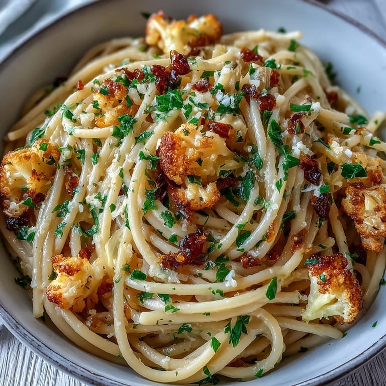 Spaghetti tossed with roasted cauliflower, savory anchovies, sweet raisins, and fresh parsley for a pescatarian main dish.