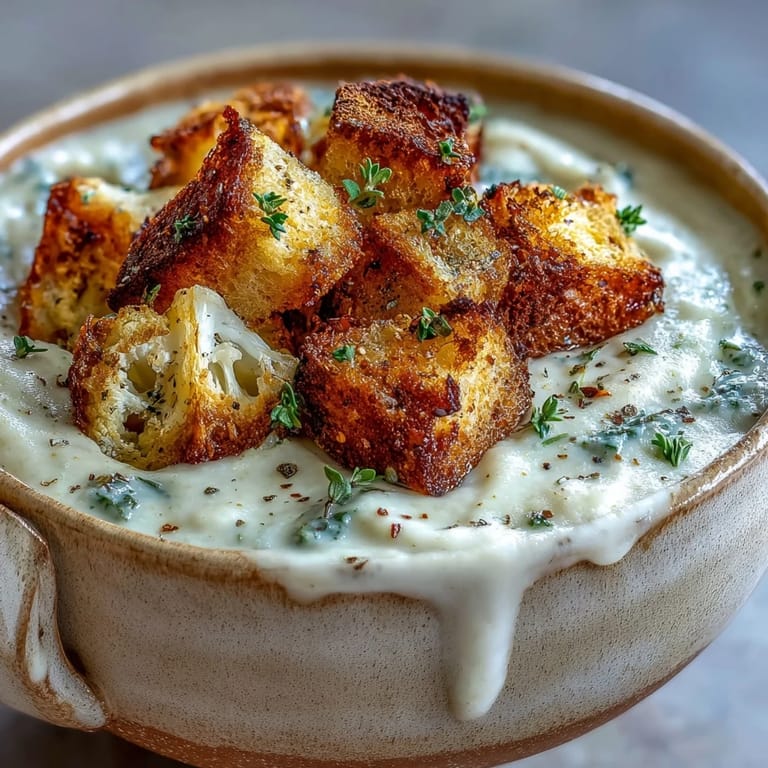 Steaming Cauliflower and Broccoli Soup with a smooth, blended texture and crispy bread croutons, ready to enjoy.