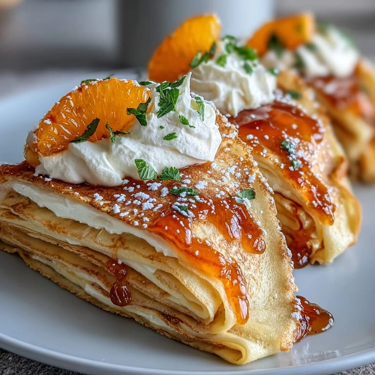 Tall layers of Blood Orange Curd Crêpe Cake sit on a serving plate, garnished with zest and edible flowers.