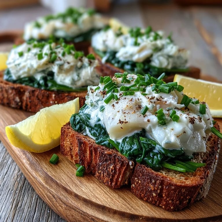 A close-up of warm smoked haddock and spinach rye toasts, drizzled with crème fraîche for extra richness.
