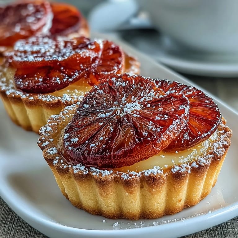Glistening Blood Orange Tarts arranged on a marble counter, showcasing glossy orange rounds and creamy filling perfect for a dessert spread.