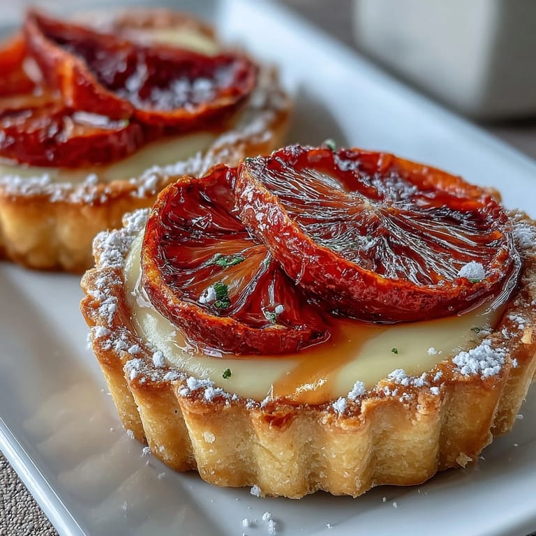 Decadent Blood Orange Tarts featuring golden tart shells, rich vanilla custard, and bright blood orange segments ready to serve.