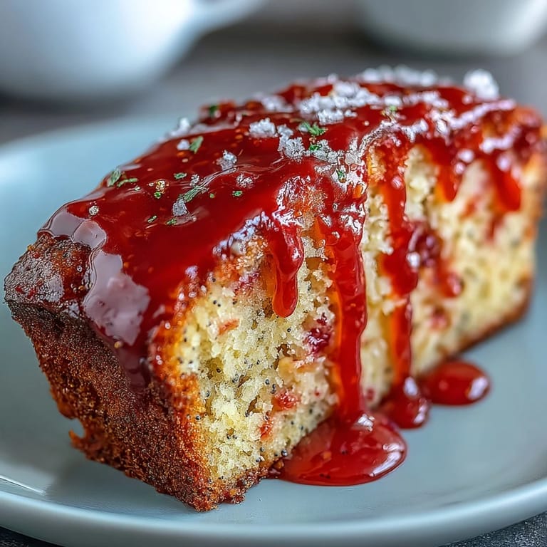 Served Blood Orange Loaf Cake with Poppy Seeds and Marzipan on a platter with orange slices and glaze drizzle for brunch.