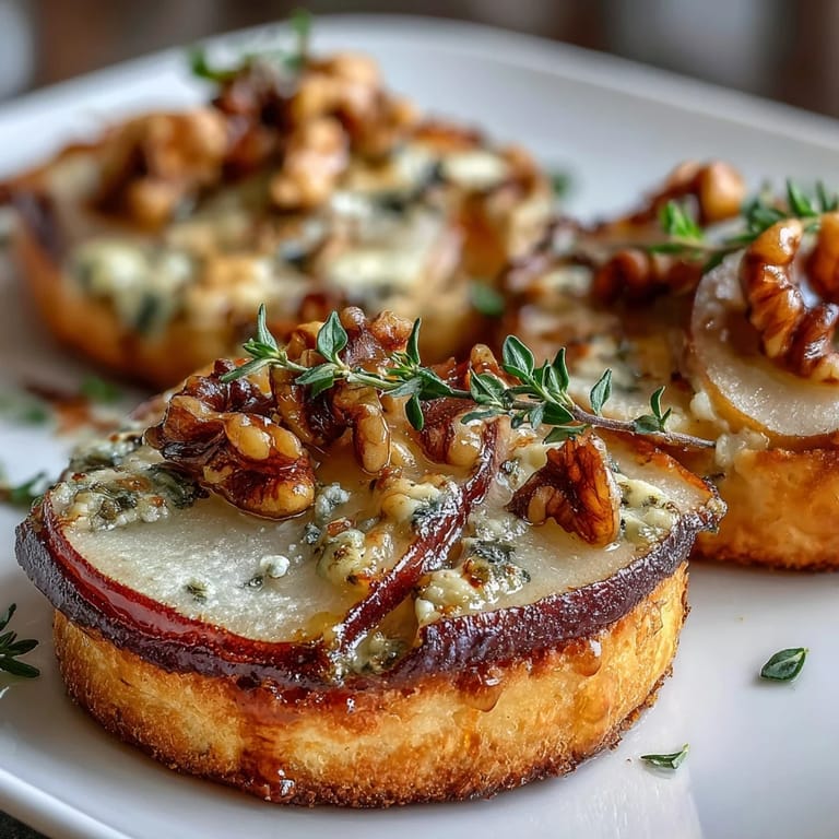 Close-up of warm Pear, Gorgonzola, and Pickled Walnut Pizzettes with fresh arugula and cracked black pepper garnish.