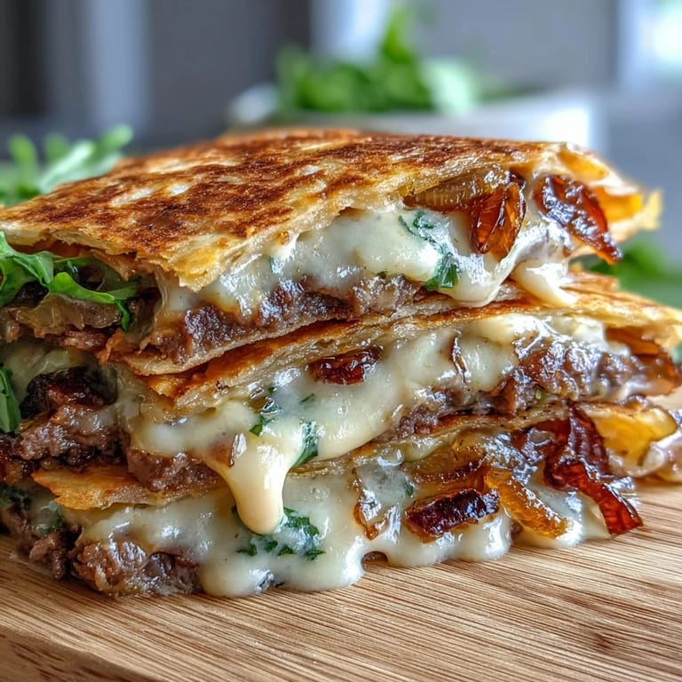 A close-up of Cheesy Griddled Smashburger Quesadillas highlights crispy edges and steam rising from the juicy beef and sharp cheddar, ready for a satisfying dinner.