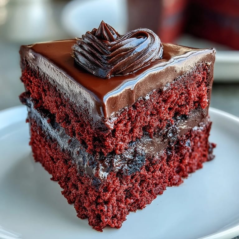 A slice of Red Betty Boop Heart Cake reveals velvety cream cheese frosting and a soft, vibrant red crumb.