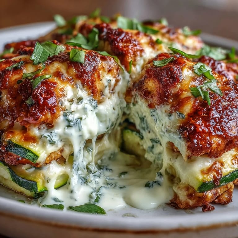 A slice of High Protein Chicken Zucchini Bake is plated beside fresh basil, showing its cheesy, protein-rich interior for a low carb dinner.