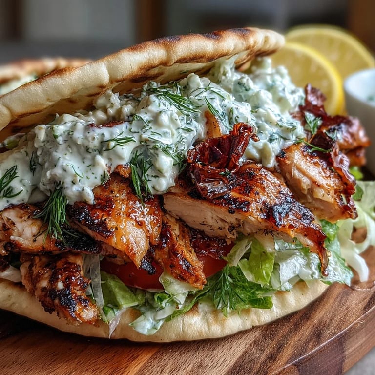 Sizzling marinated chicken thighs, charred and sliced for Mediterranean Chicken Gyros, served with cool, creamy feta tzatziki and fresh veggies.
