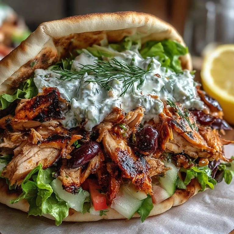 Assembled Mediterranean Chicken Gyros stuffed with crisp lettuce, sweet tomatoes, red onions, and olives, drizzled with creamy feta tzatziki sauce.