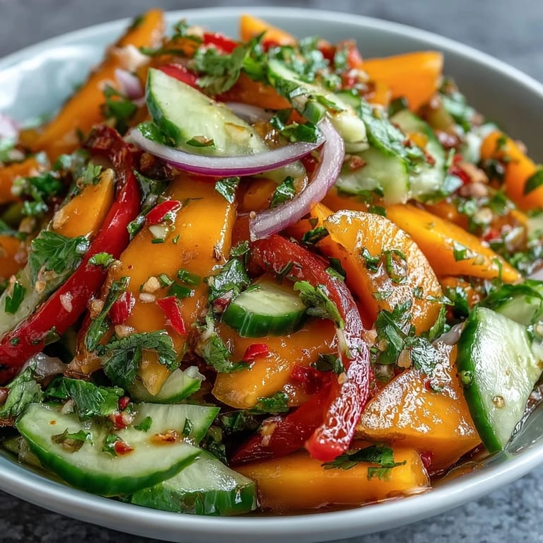 Serving suggestion for Refreshing Mango Salad with Lime Dressing plated in a white bowl, topped with spicy chilies and drizzled with tangy dressing.