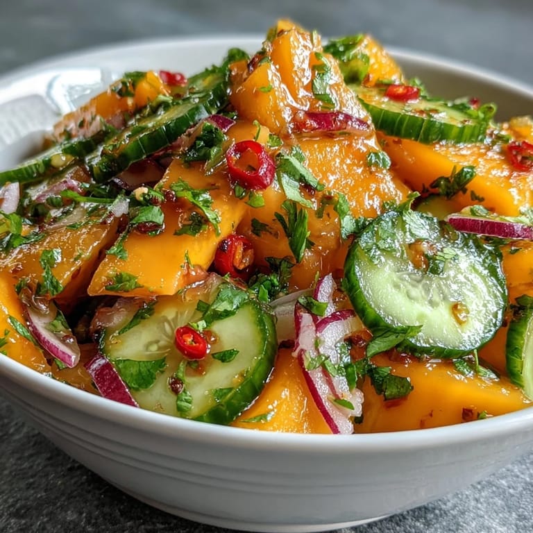 Vibrant Refreshing Mango Salad with Lime Dressing tossed with red bell pepper and red onion, perfect for a quick and easy weeknight dinner.