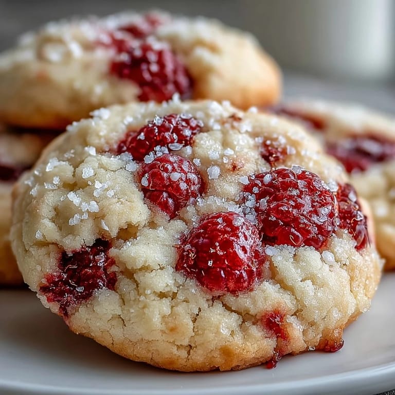 Plate of Soft Chewy Raspberry Sugar Cookies ready to serve, sprinkled with crushed freeze-dried raspberries.