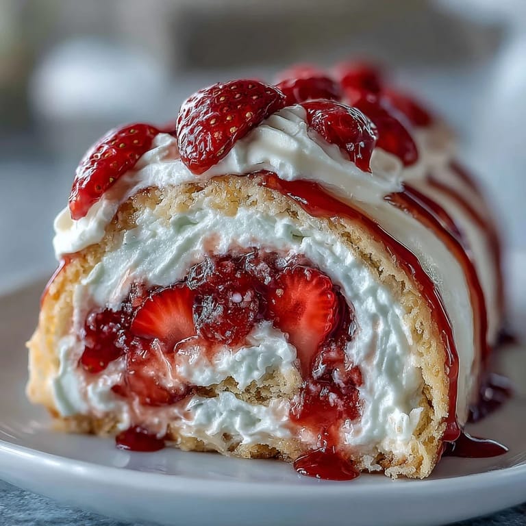 Close-up of a Strawberry Shortcake Sushi Roll slice revealing creamy layers of strawberries, sponge cake, and airy whipped cream filling.
