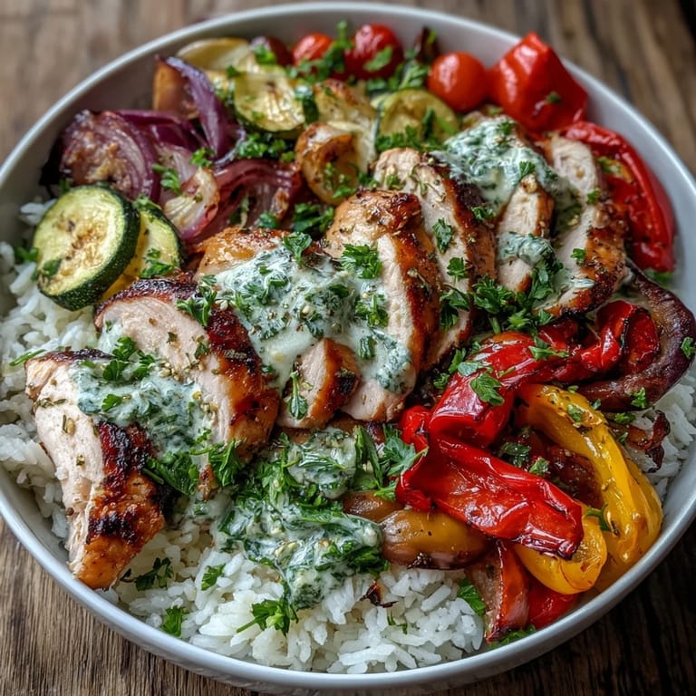 Sliced tender herb chicken breast and vibrant roasted veggies garnish this wholesome Lemon Herb Roasted Chicken Bowl, ready to serve over white or brown rice.