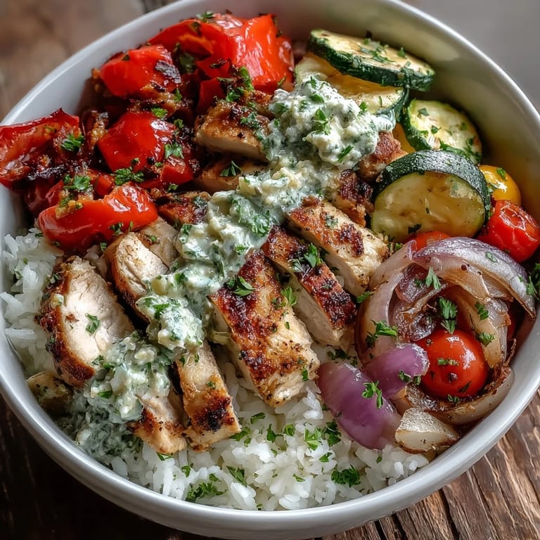 Enjoy a wholesome serving of Lemon Herb Roasted Chicken Bowl featuring juicy herb chicken, roasted zucchini and peppers, and a zesty drizzle over rice.