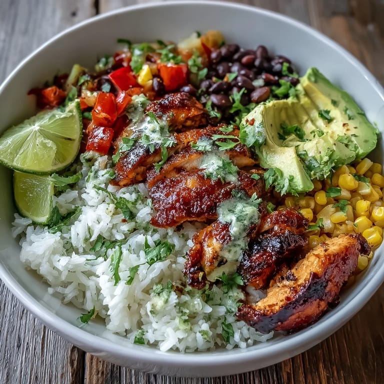 Sizzling Cajun-spiced chicken slices sit over fluffy rice with black beans, corn, and peppers in a sunny kitchen scene.