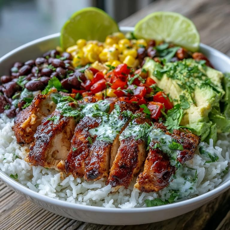 Close-up of a Cajun Chicken Bowl featuring creamy avocado, fresh cilantro, and a squeeze of lime, ready to serve.