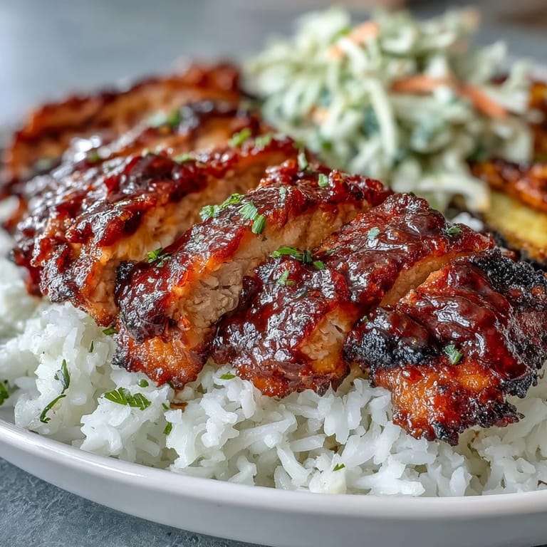Glossy BBQ-glazed chicken slices top fluffy rice and roasted vegetables, with bright coleslaw adding crunch to this colorful BBQ Chicken Bowl.