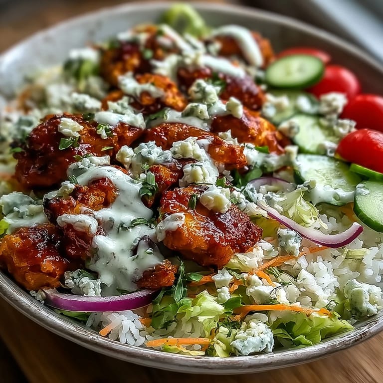 A fresh Buffalo Chicken Bowl featuring rice, crunchy veggies, juicy sauced chicken, and creamy ranch, garnished with parsley.